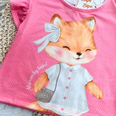  Conj. Blusa Raposinha e Short Saia em Linho - Rosa e Areia